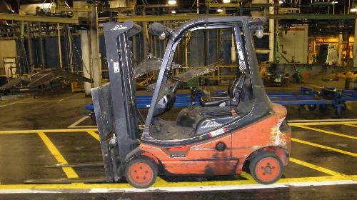 1). S/N H2X350L0273620; 4,000 lb. Diesel, 2-Stage Mast, Fork Positioner, 48" Forks, Solid Tires, 9,