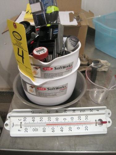) Plastic Measuring Bowls (2 quarts), Date Stamps, (2) Handheld Labelers, Plastic Clipboards, Meat