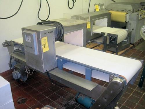 10" H aperture, 17" W X 80" L, s.s. frame conveyor, neoprene belt, on wheels  Click for Photo