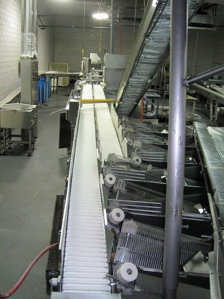 6 sections s.s. conveyors, 4" W, drops product into angled chutes w/6'" W s.s. chain conveyors