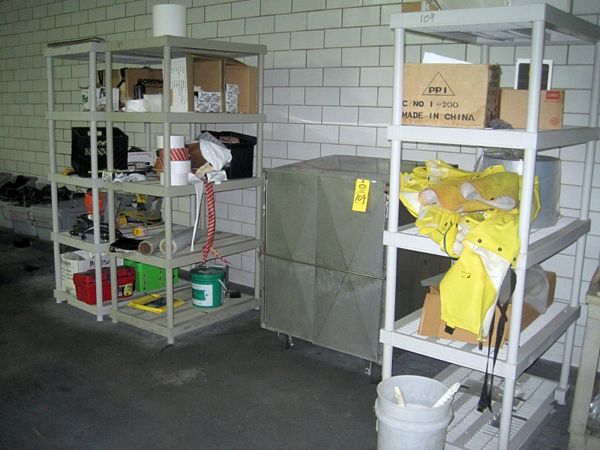 " L, 2 shelves inside & (3) Plastic Shelving Units, 5 shelves, 24" W X 36" L (does not include