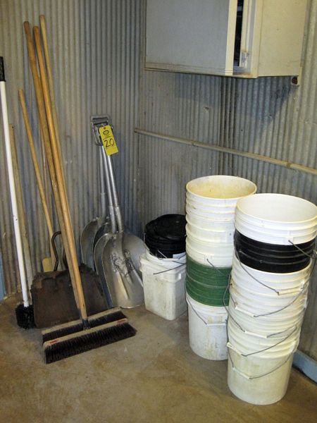 2) Push Brooms, Dust Pan, & Misc. Buckets