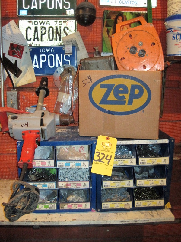 bins, Extension Cord, Sanborn Impact Wrench, 1/2" Crimper & Misc. Hand Tools