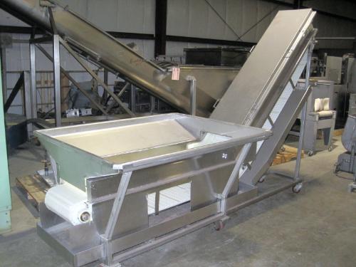 intralox belt, 15" W X 10' L, 2" flights, 14" between flights, 5' L X 4' W s.s. hopper, on casters