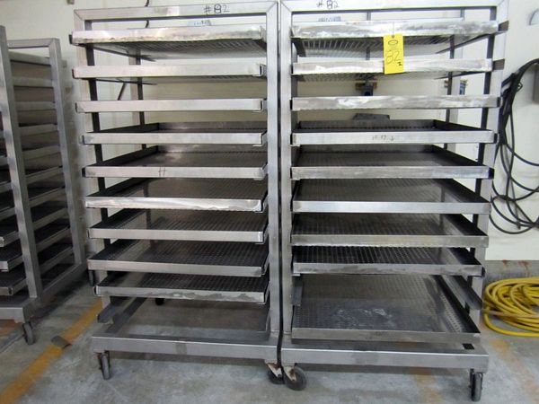 10-shelves, 34" W X 38" L w/(9) perforated trays each