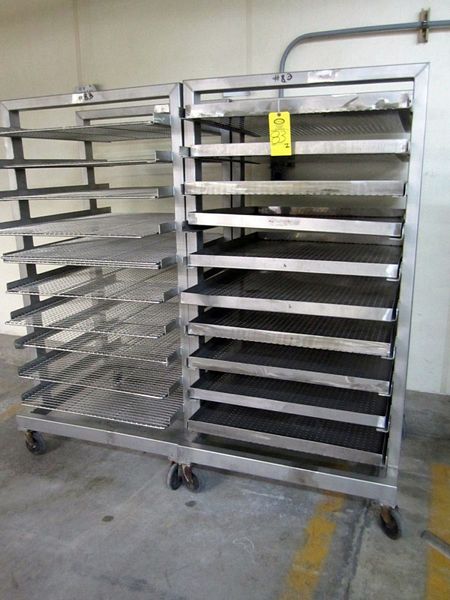 10-shelves, 34" W X 38" L w/perforated trays w/(12) 34" W X 39" L screens