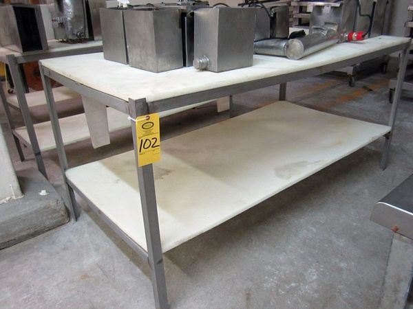 " L w/bottom shelf, S.S. Frame Table w/poly top 24" W X 72" L w/bottom shelf, 10" back splash, S.