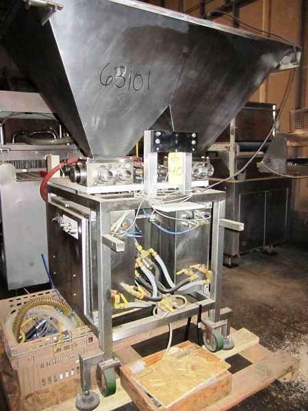 split gravity feed hopper, 24" W X 48" L X 24" Deep with hinged s.s. cover, (2) tri clamp style