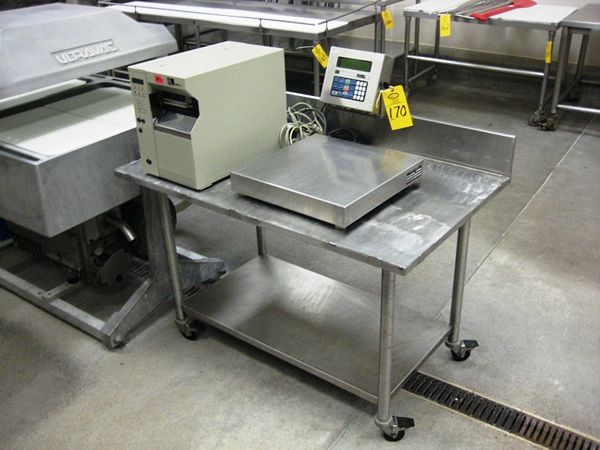 bra Mdl. 105SL Label Printer on rolling s.s. table, 29" W X 4" L X 31" H