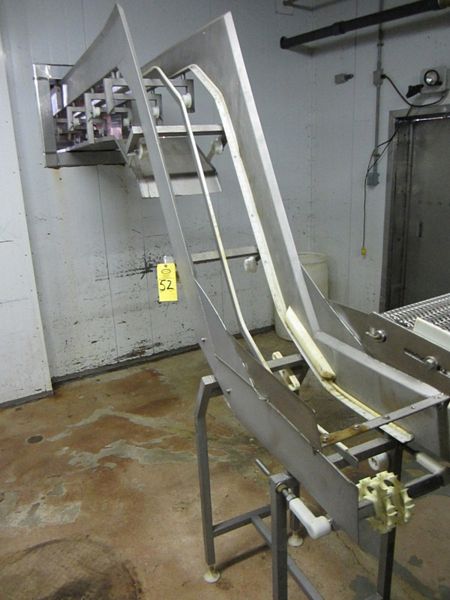 belt, 7' L flat, 5' incline, 3' flat, 8" H walls, drip pan, s.s. chute, hydraulic drive