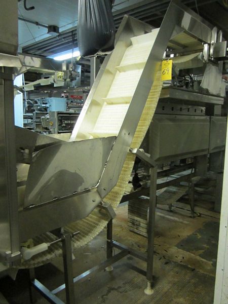 ed intralox belt, 3" H flights, spaced 12" apart, 88" discharge height