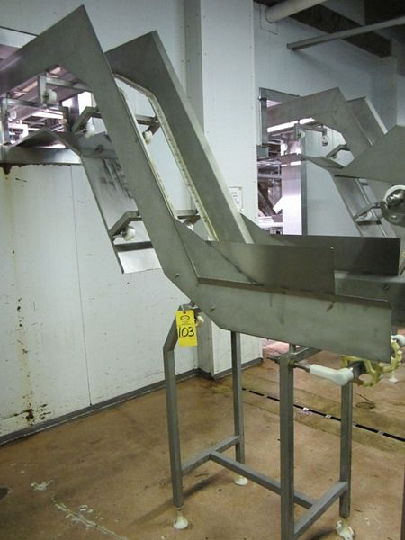 belt, 7' L flat, 5' incline, 3' flat, 8" H trough, drip pan, s.s. chute, hydraulic drive