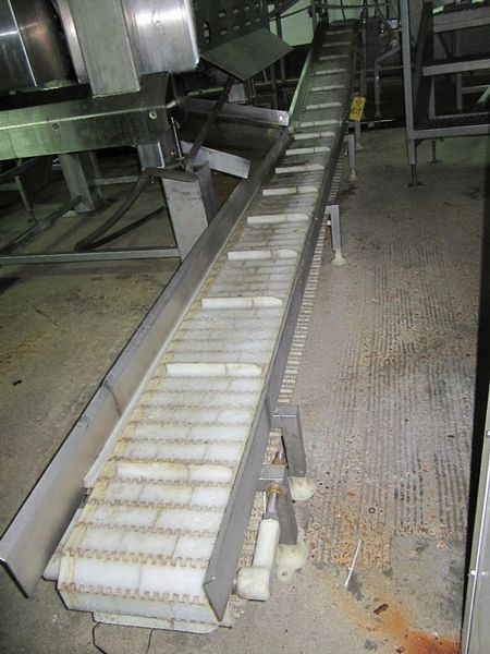 8' L flighted belt, 1" H flights, spaced 12" apart, 4" trough, hydraulic drive