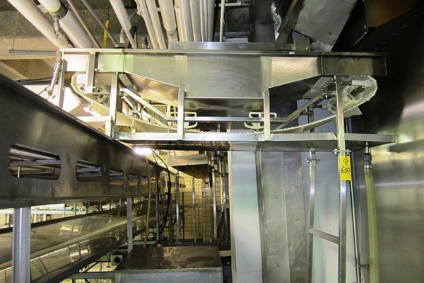 belt, 2' H flights, 12" spacing, s.s. drip pan, (Advance spiral exit conveyor), hydraulic drive