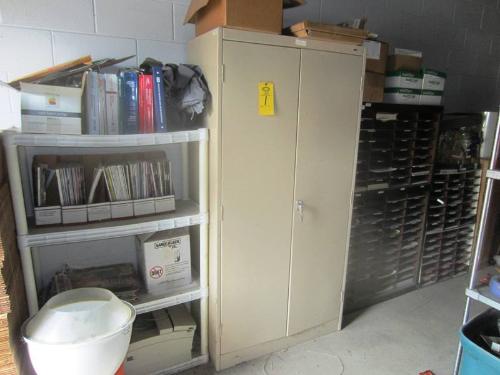 sh PC’s, Modems, etc., Plastic Shelving Unit w/contents, (3) Sections File Bins
