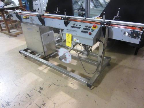 frame, conveyor 10" W x  11' L, single bottom labeler, set up for 2 1/2" W label ****Located in