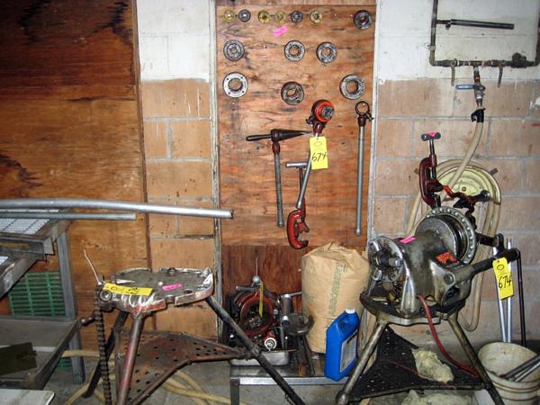 eam Pipe Cutter, Pipe Stand & Bin Containing Ridgid Dies & Parts