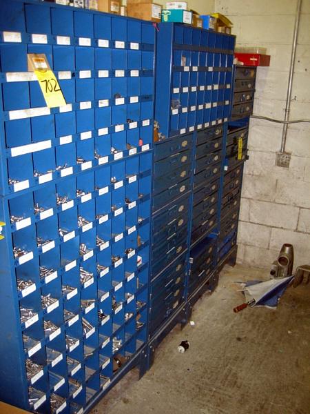 . nuts & bolts, include Bowman pulled out parts drawers w/misc. brass, s.s. keyway, etc.
