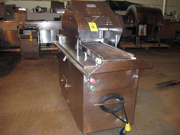 X 73IN L s.s. chain belt, on wheels, 220/460 volt, 5 h.p., missing main door, bent belt, broken