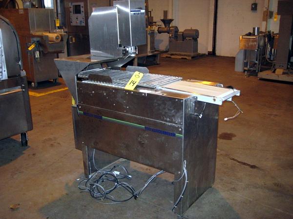 l s.s. frame, aluminum roller, w/infeed & out feed conveyors, missing scale head & attachments