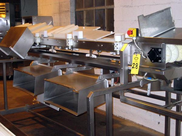 on, 3 stations per side, 12" W X 128" L X 53" H, intralox belt, incomplete-belt off, missing &
