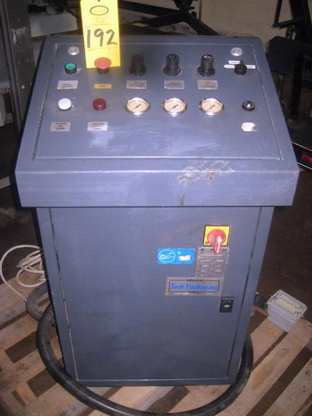 mfg. 1999, adjustable height up 19" X 24" W, w/separate out feed conveyor & control panel