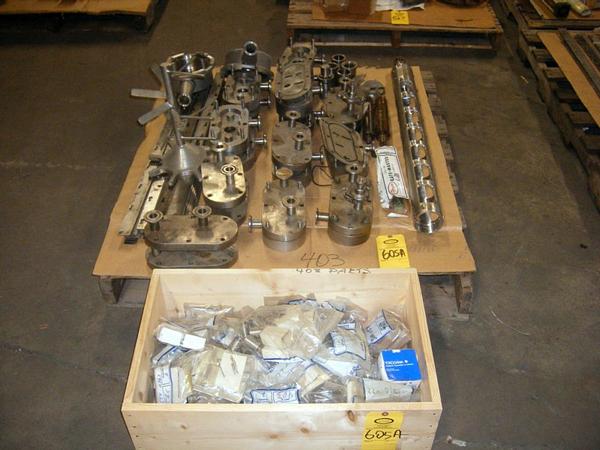 rts on 3 pallets, mostly new, includes (2) s.s. discharge heads, used mutator, approx. (10) pumps,