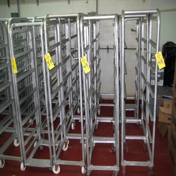 5 shelves, 10" between shelves, on wheels