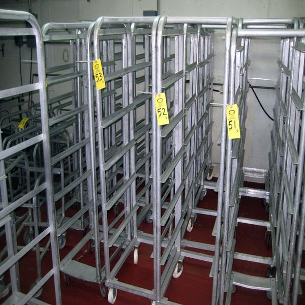 5 shelves, 10" between shelves, on wheels