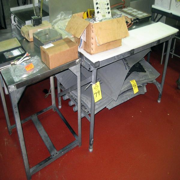 L X 34" H w/poly top, 22 1/2"  s.s. top, 11" backsplash &  Mild Steel Table, 26" W X 26" L X 34" H
