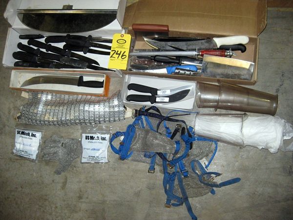 Guards, Plastic Wrist Guards, S.S. Vest, Misc. Meat Hooks, (3) Plastic Knife Holders & TruHone