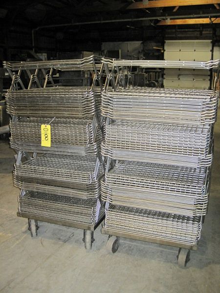 " L X 8" D, (2) s.s. carts & (36) s.s. racks that fit onto the baskets, making a double shelf at 4"