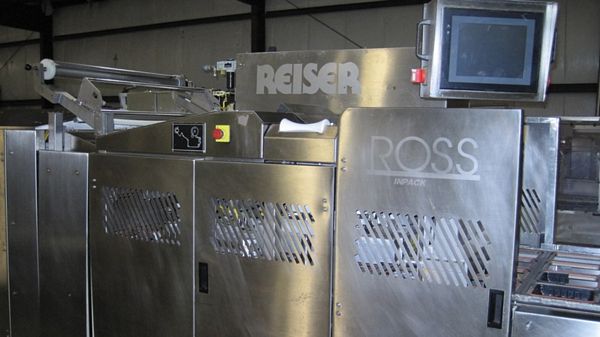 . #2139, 4 up, 4 lane (set up for 6" X 8") MAP tray sealer w/OTXB96 reciprocating conveyor feeder,