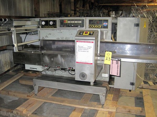 horizontal wrapper, 2-up 8" vertical sealing jaws, 9" W X 32" L rubber out feed conveyor, 28" W